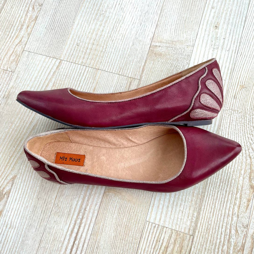 Miz Mooz Jodi Leather Pointed Toe Flats | Burgundy/Silver Size 9